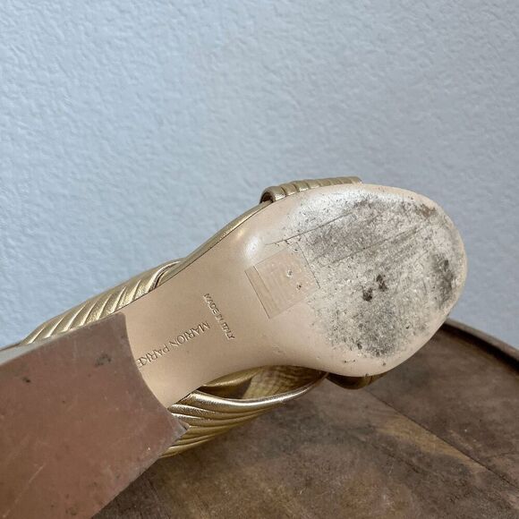 Marion Parke Soft Gold Leather Izzy Criss-Cross Block Heel Sandals Women's 37 US - Picture 9 of 13